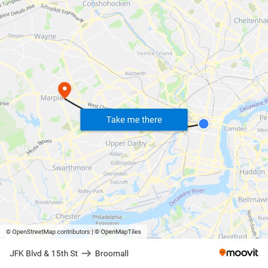 JFK Blvd & 15th St to Broomall map