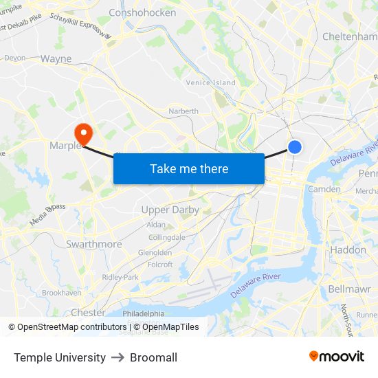 Temple University to Broomall map