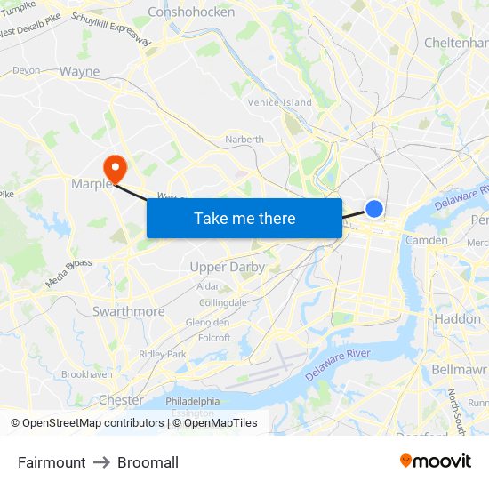 Fairmount to Broomall map