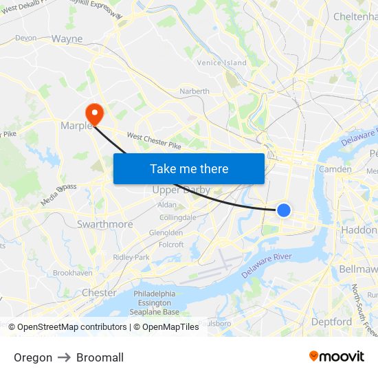 Oregon to Broomall map