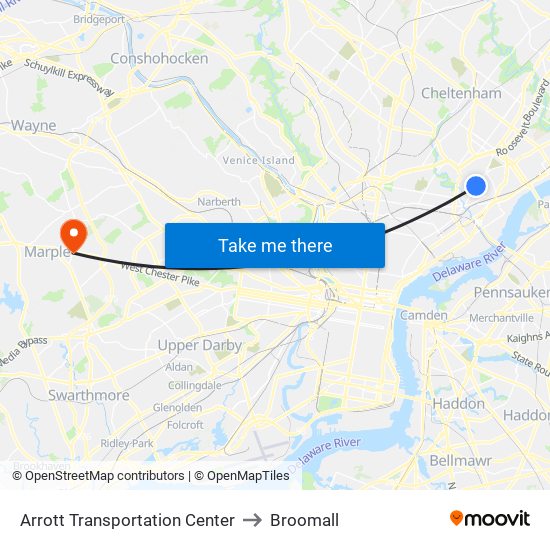 Arrott Transportation Center to Broomall map