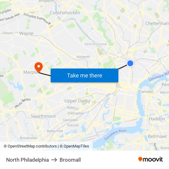 North Philadelphia to Broomall map