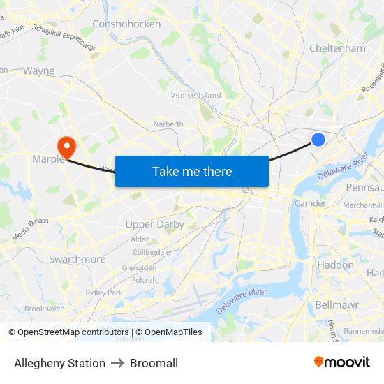 Allegheny Station to Broomall map