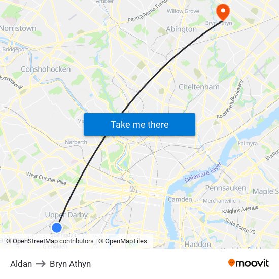 Aldan to Bryn Athyn map