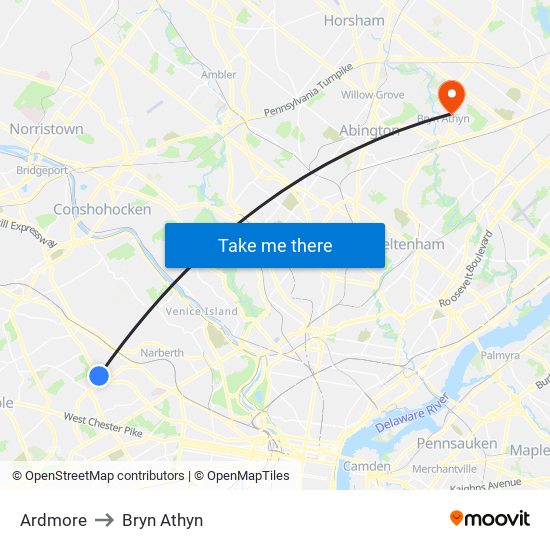 Ardmore to Bryn Athyn map