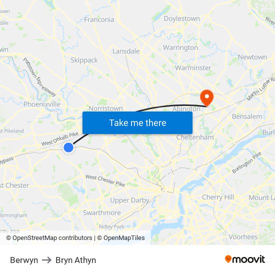 Berwyn to Bryn Athyn map