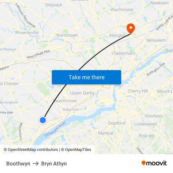 Boothwyn to Bryn Athyn map