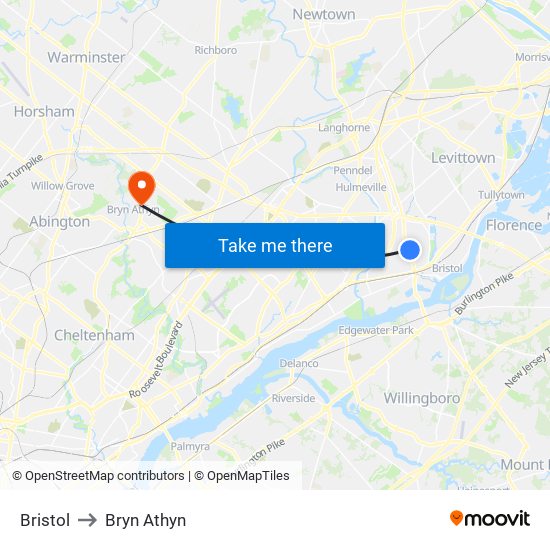 Bristol to Bryn Athyn map