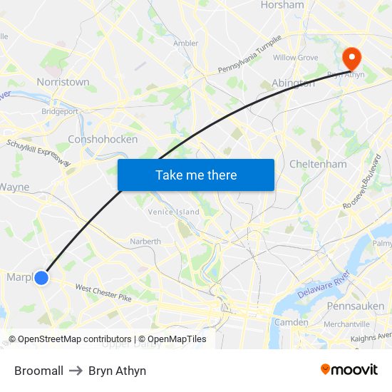 Broomall to Bryn Athyn map