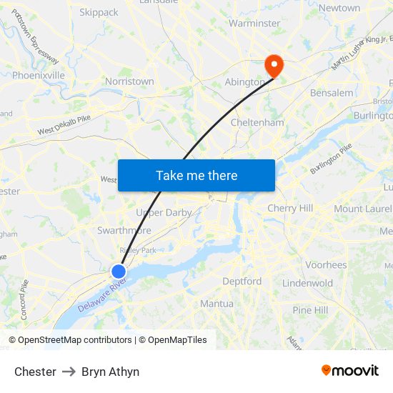 Chester to Bryn Athyn map