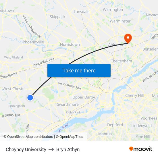 Cheyney University to Bryn Athyn map