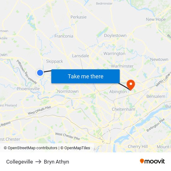 Collegeville to Bryn Athyn map