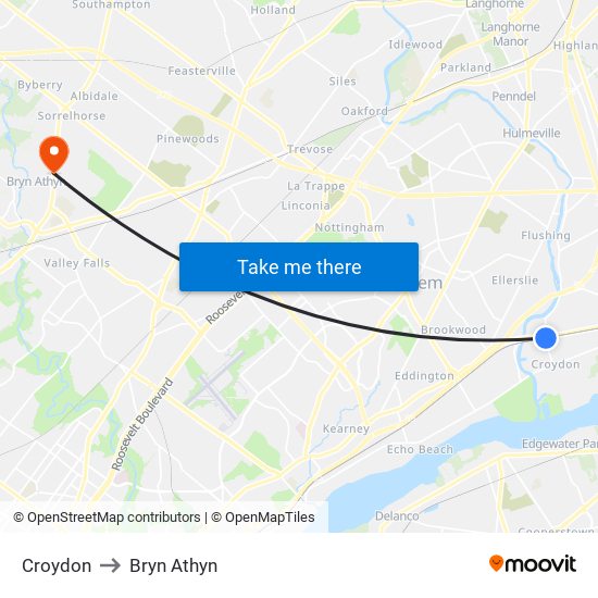 Croydon to Bryn Athyn map