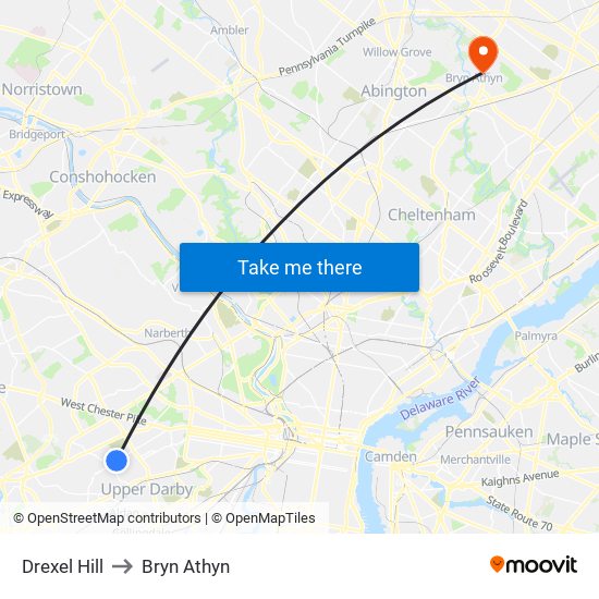 Drexel Hill to Bryn Athyn map