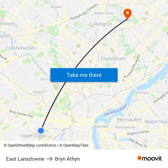 East Lansdowne to Bryn Athyn map