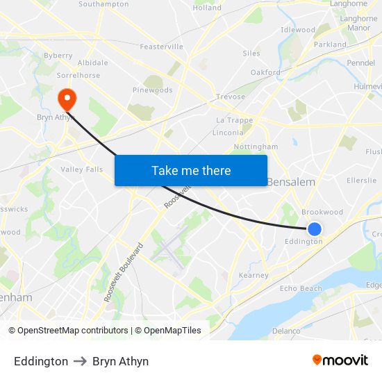 Eddington to Bryn Athyn map