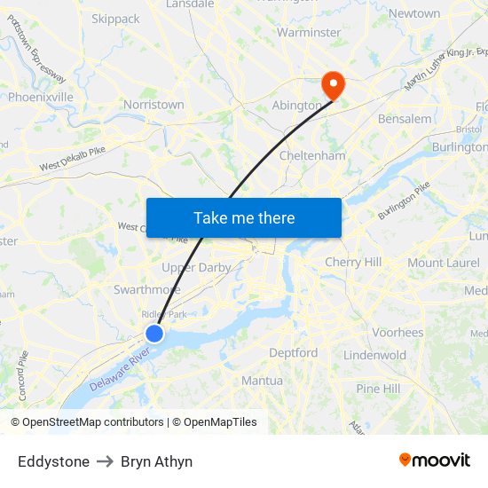 Eddystone to Bryn Athyn map