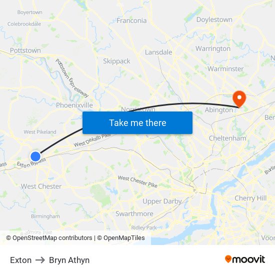 Exton to Bryn Athyn map