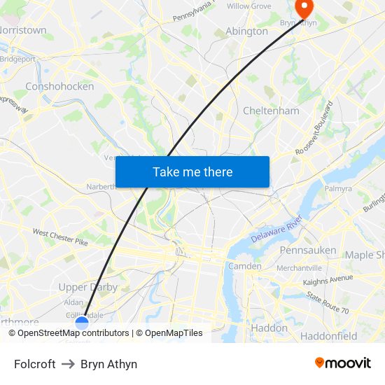Folcroft to Bryn Athyn map