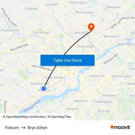 Folsom to Bryn Athyn map