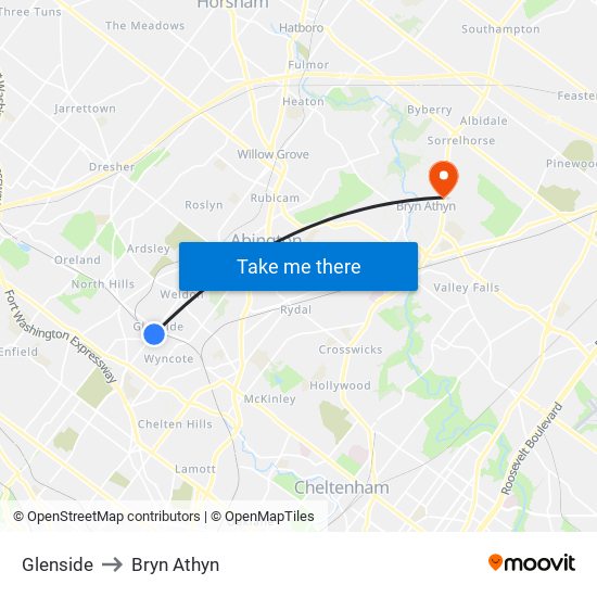 Glenside to Bryn Athyn map