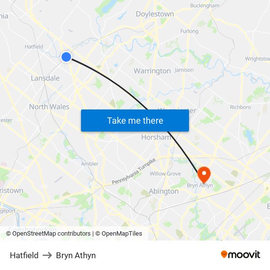 Hatfield to Bryn Athyn map