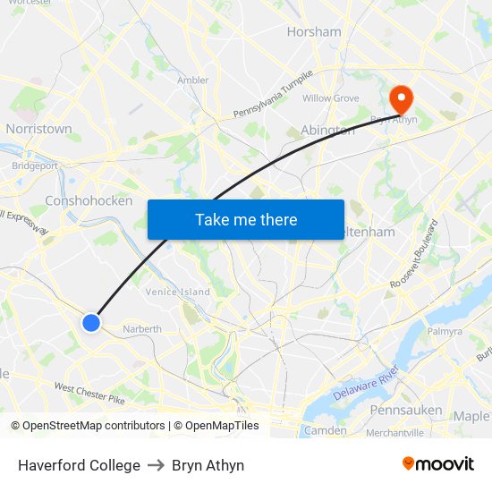 Haverford College to Bryn Athyn map