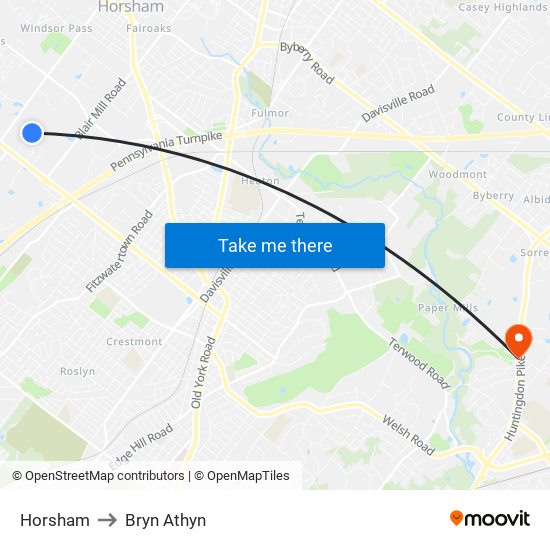 Horsham to Bryn Athyn map