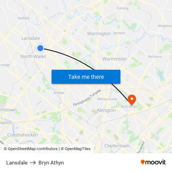 Lansdale to Bryn Athyn map