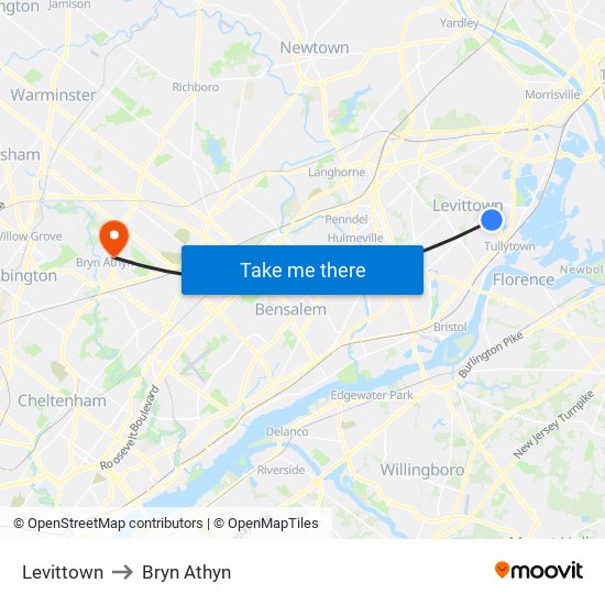 Levittown to Bryn Athyn map