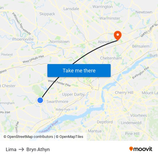 Lima to Bryn Athyn map