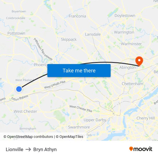 Lionville to Bryn Athyn map