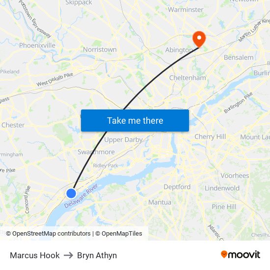 Marcus Hook to Bryn Athyn map