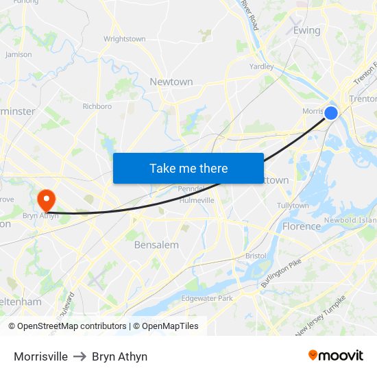 Morrisville to Bryn Athyn map