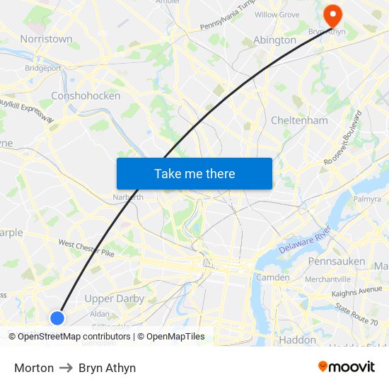 Morton to Bryn Athyn map