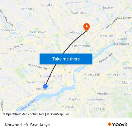 Norwood to Bryn Athyn map