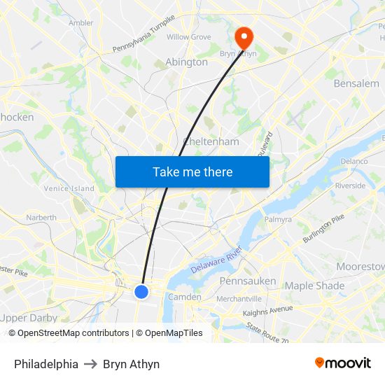 Philadelphia to Bryn Athyn map