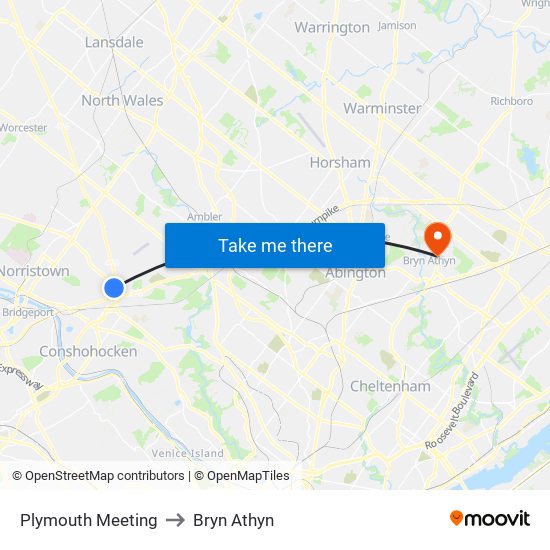 Plymouth Meeting to Bryn Athyn map