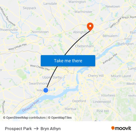 Prospect Park to Bryn Athyn map