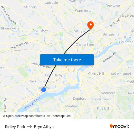 Ridley Park to Bryn Athyn map