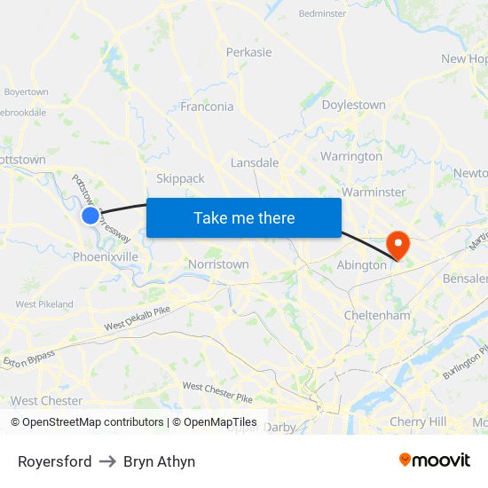 Royersford to Bryn Athyn map