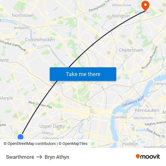 Swarthmore to Bryn Athyn map