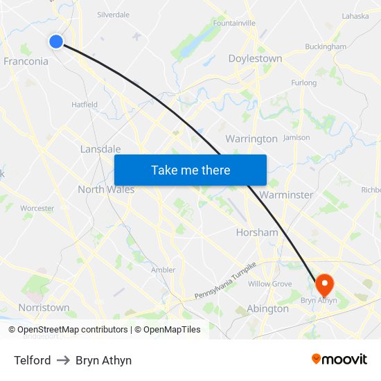 Telford to Bryn Athyn map