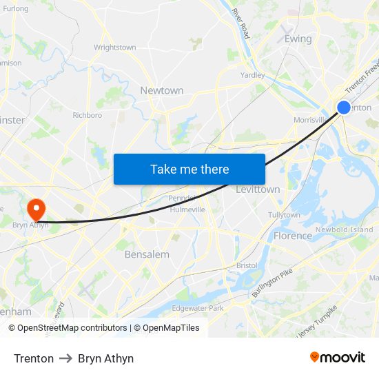 Trenton to Bryn Athyn map