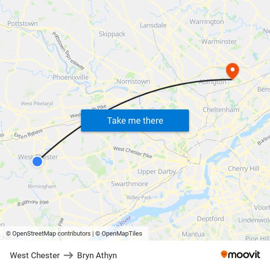 West Chester to Bryn Athyn map