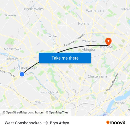 West Conshohocken to Bryn Athyn map