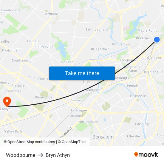 Woodbourne to Bryn Athyn map