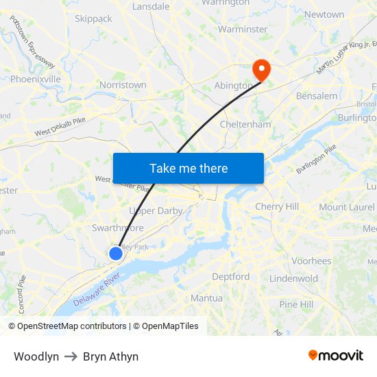 Woodlyn to Bryn Athyn map