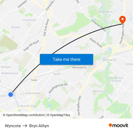 Wyncote to Bryn Athyn map