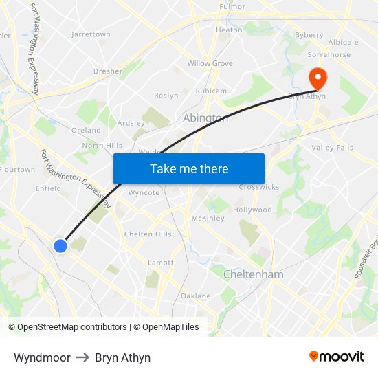 Wyndmoor to Bryn Athyn map